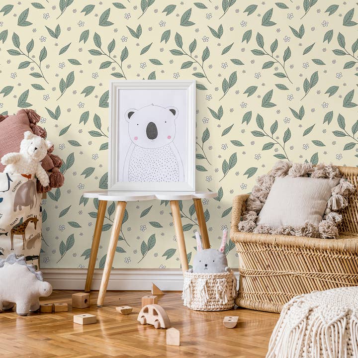 Carta da parati floreale botanica per vivaio, murale da parete giallo pastello per la vendita all'ingrosso da parte di SimurgWallArts