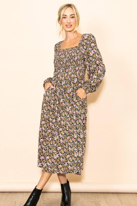 Elloh Collection – wholesale Dress – Women's – On Off Shoulder Long Sleeve Wide Flare Floral Midi Dress7