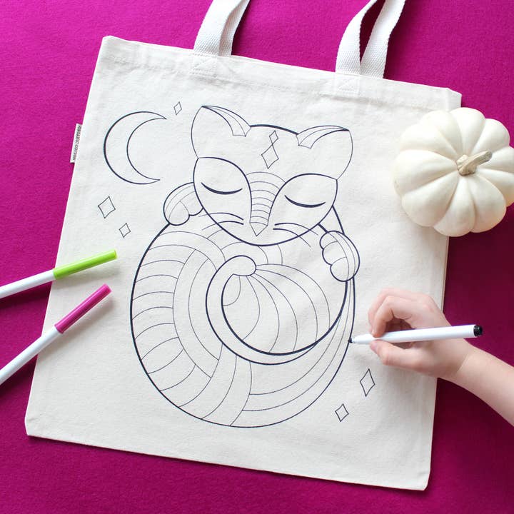 Cat Organic Tote Bag - Coloring Kit with Markers for wholesale by Leela and JoJo