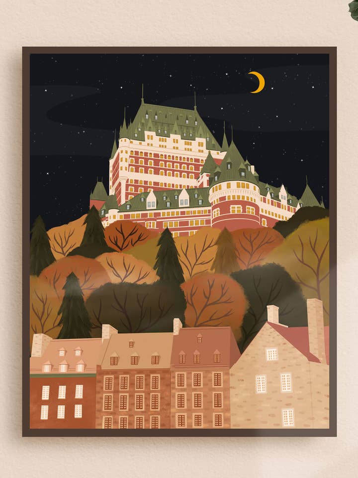 Stampa notturna del Quebec Chateau Frontenac per la vendita all'ingrosso da parte di Illustrations Its Funny Howww Inc