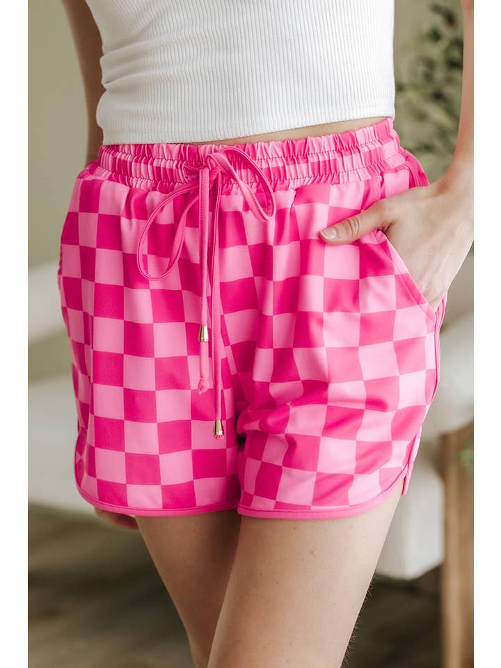 1 the Woman - Wholesale Shorts - Women's - Checkered Drawstring Elastic Waist Casual Shorts