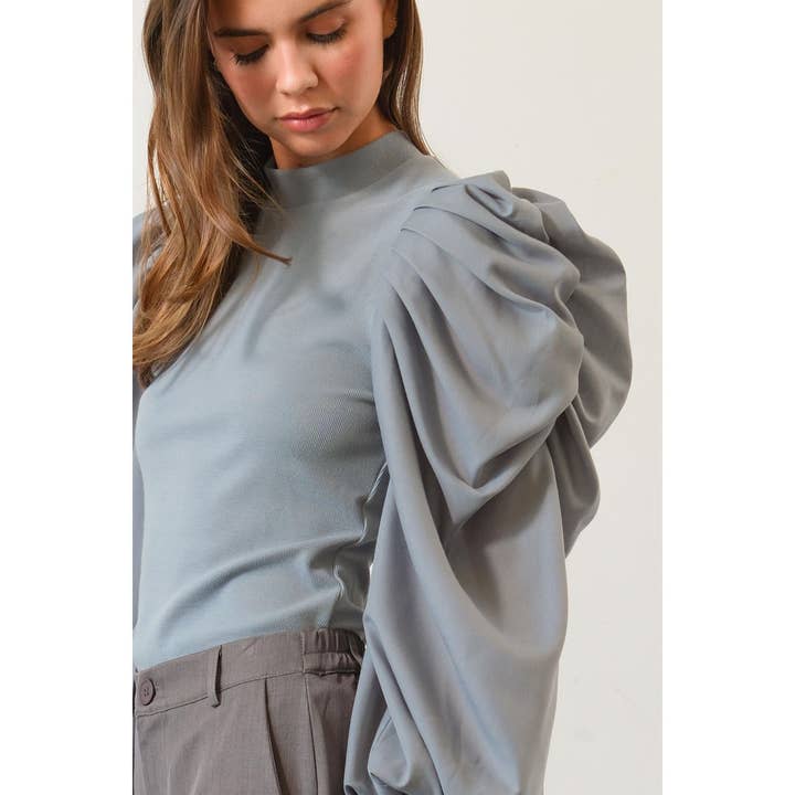 HYFVE - Wholesale Blouse - Women's - HF25A714-Mock Neck Puff Sleeve Blouse