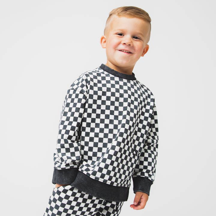 Drop Shoulder Crewneck - Black & White Mini Check for wholesale by RAGS