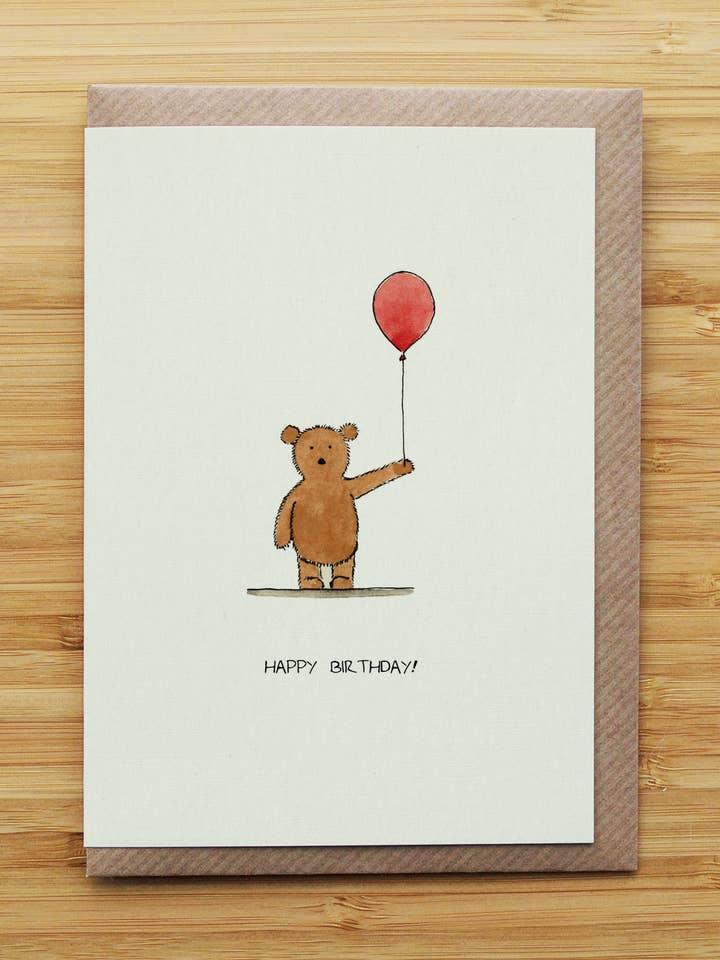 Teddy Bear and Balloon Birthday Card - Cute - Recycled Card for wholesale by RossJDesigns