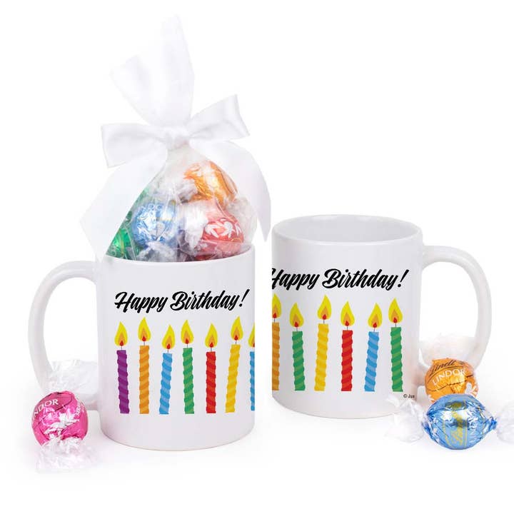 Tasse d'anniversaire remplie de truffes Lindor assorties - Bougies pour la vente par Just Candy