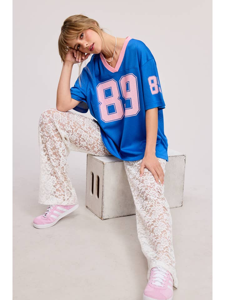 Mimosa - Wholesale T-Shirt - Women's - Sporty V Neck Short Sleeve Jersey Top with 89 Graphic Print