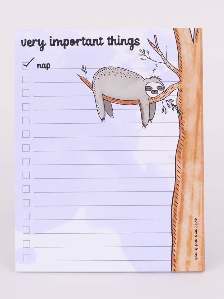 meget vigtige ting (søvnig dovendyr) notesblok for engroshandel hos Evil Llama and Friends