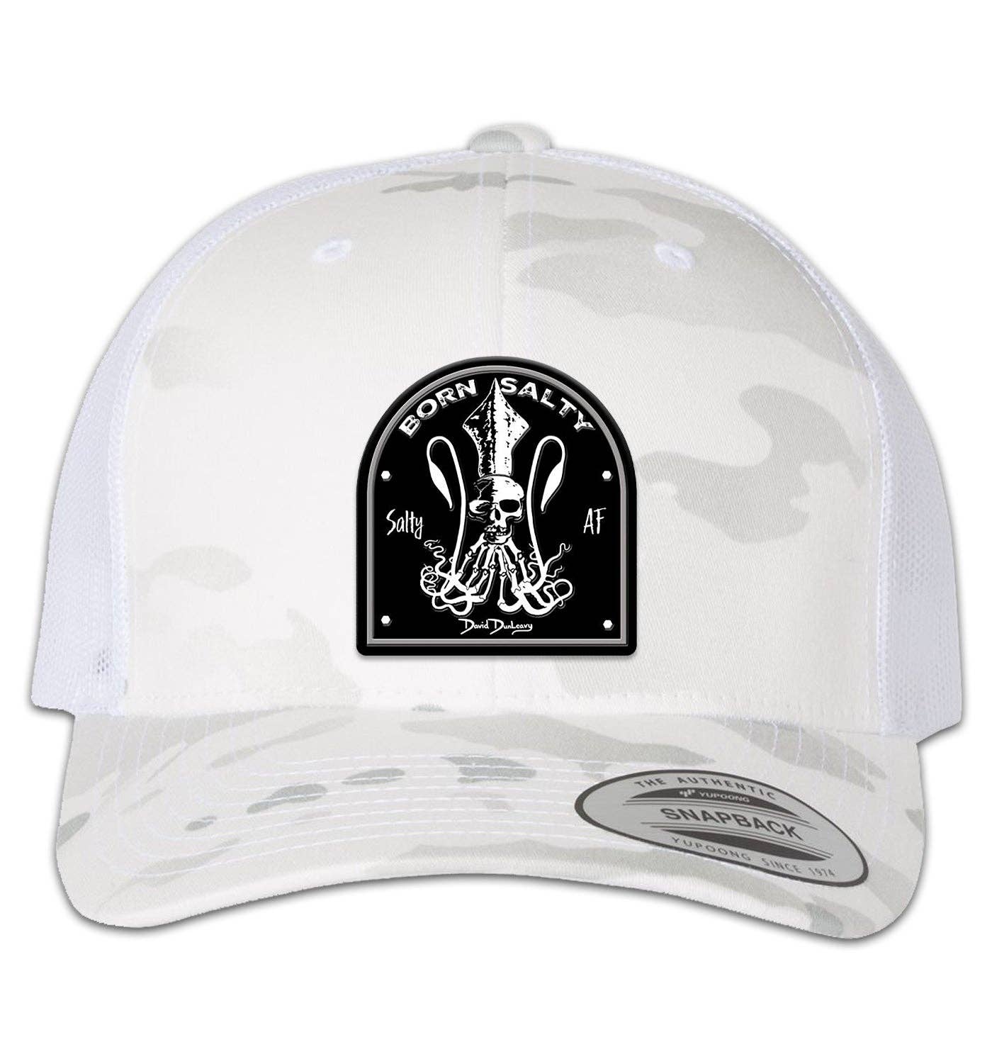 Born Salty Skull Kraken 6 Panel Trucker Snap Back Hat Multicam Alpine White for wholesale on Faire