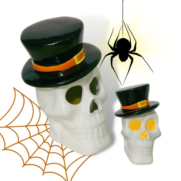 Calavera LED de cerámica de Mr. Halloween | Calavera iluminada | Calavera con sombrero de copa para venta al por mayor de Nevsher Lior