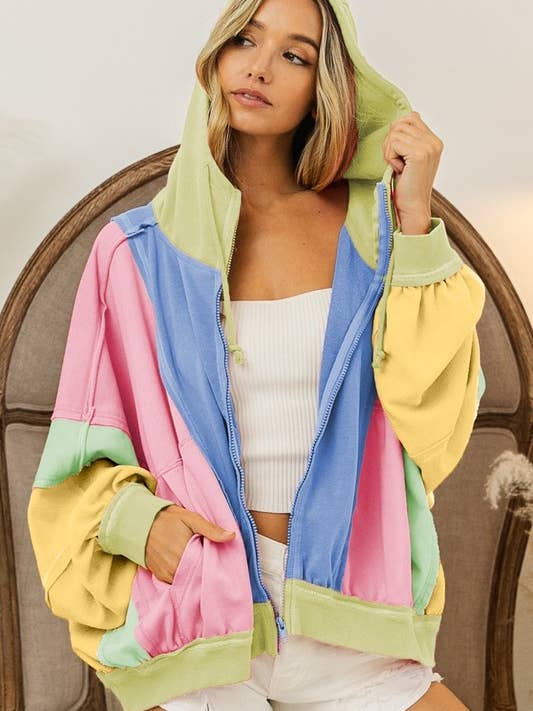 Raw Edge Washed Terry Zip Up Hoodie for wholesale by Vanilla Monkey