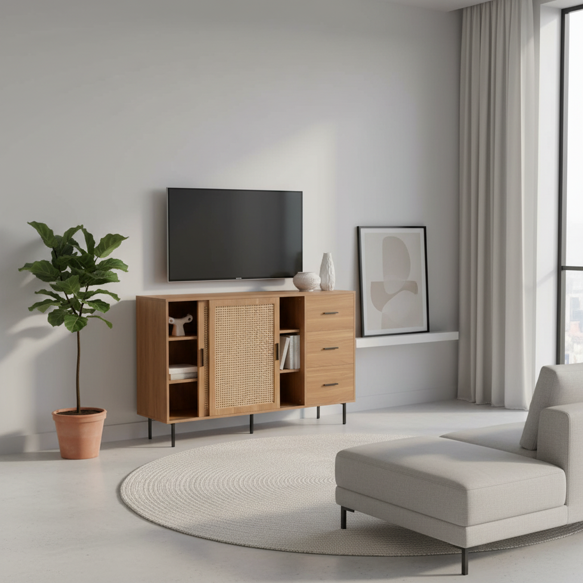 Urban Meuble - Wholesale Cabinet - Vintage sideboard with wood effect, 2 sliding doors in woven rattan, and 3 drawers PROPOLIS6