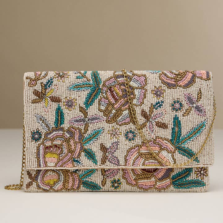 NA Beaded Floral Clutch with Chain Strap for wholesale on Faire