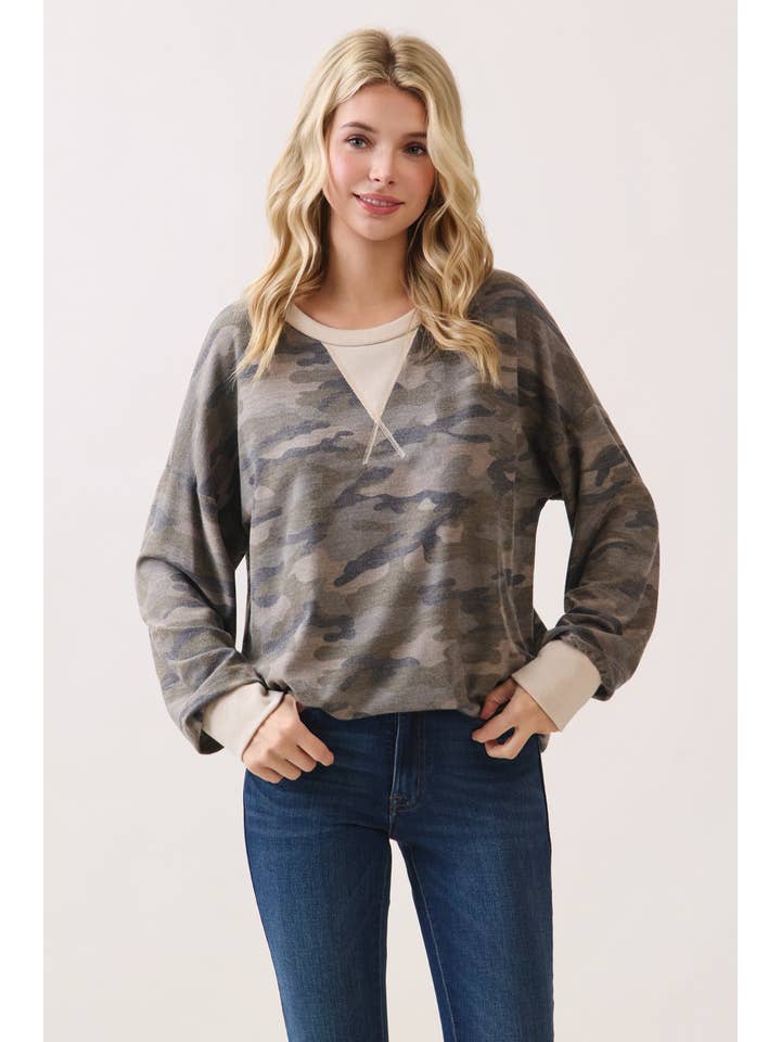 7th Ray - Wholesale Knit Top - Women's - Camo Terry Knit Pullover Top T614310