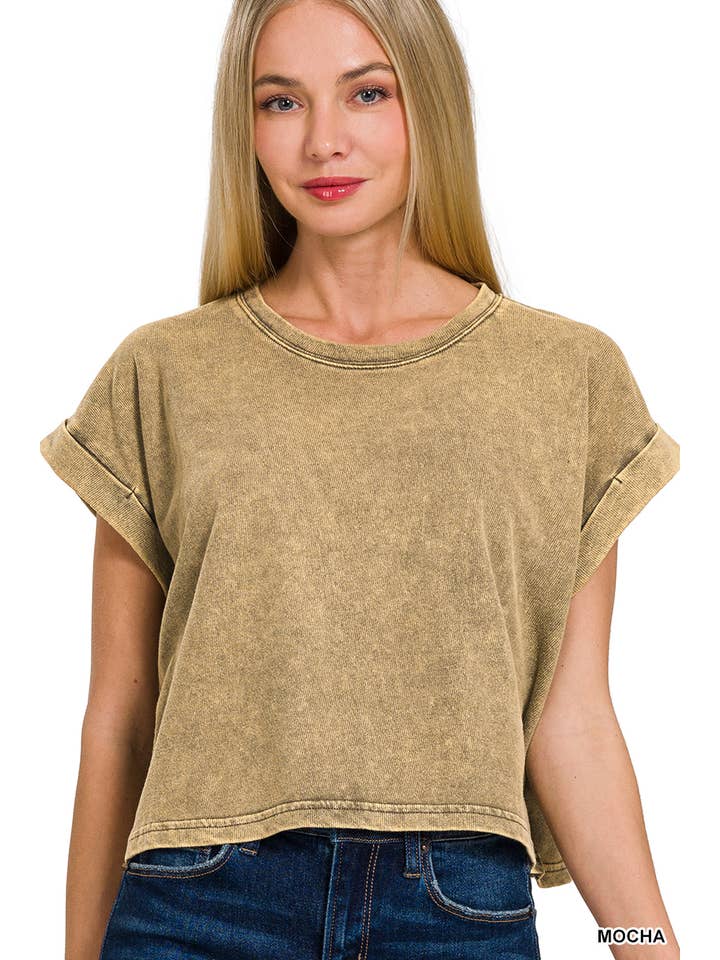 42POPS - Wholesale Knit Top - Women's - ,._ SI-26188 Washed Premium Cotton Folded Sleeve Top