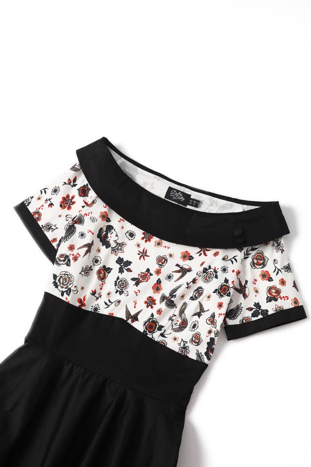 Dolly & Dotty - Vente Robe – femme - Robe swing rockabilly Darlene noire imprimé tatouage5