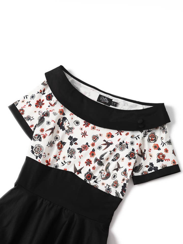Dolly & Dotty – Großhandel Kleid – Damen – Darlene Swingkleid mit Rockabilly-Tattoo-Print, schwarz