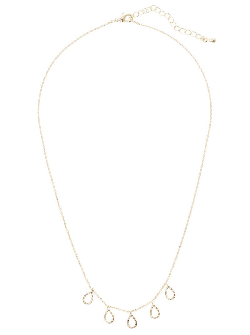 Wild Honey - Wholesale Pendant/Charm Necklace - Five Hammered-Texture Cutout Teardrop Charms 18K-Gold-Dipped Necklace3