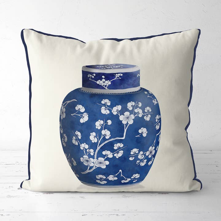 Chinoiserie Cherry Blossom Ginger Jar pude havepude for engroshandel hos FabFunky Ltd