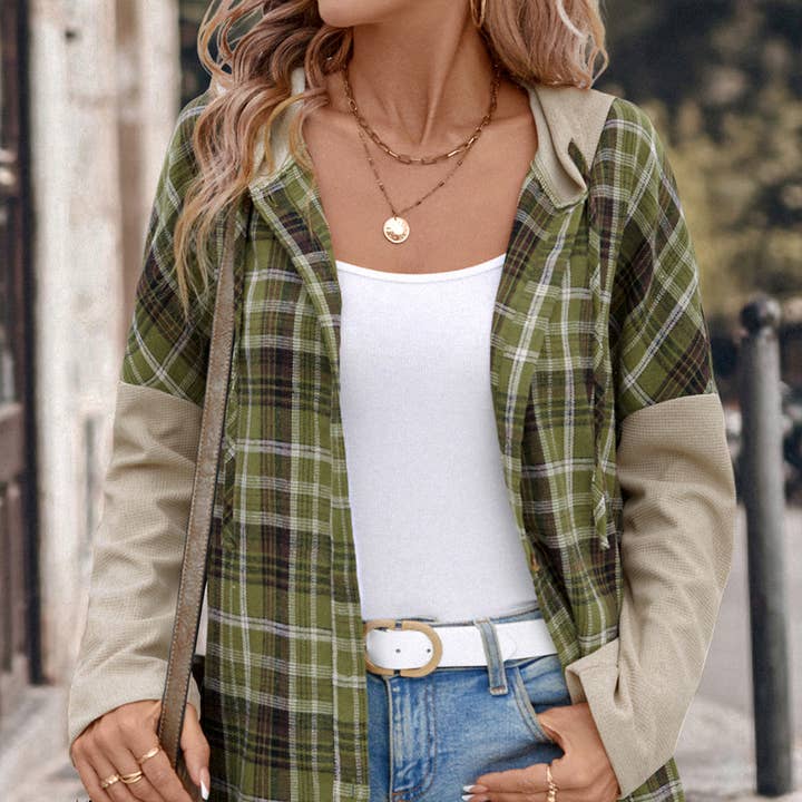 Vert Chemise patchwork à capuche à carreaux et manches longues en vente sur Faire4