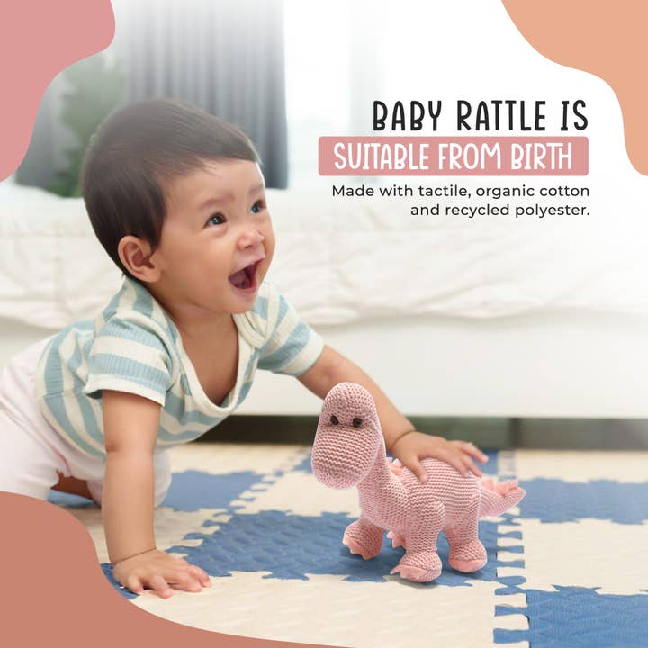 Best Years Ltd – wholesale Handheld rattle – Baby – Knitted Organic Cotton Pink Diplodocus Dinosaur Baby Rattle4