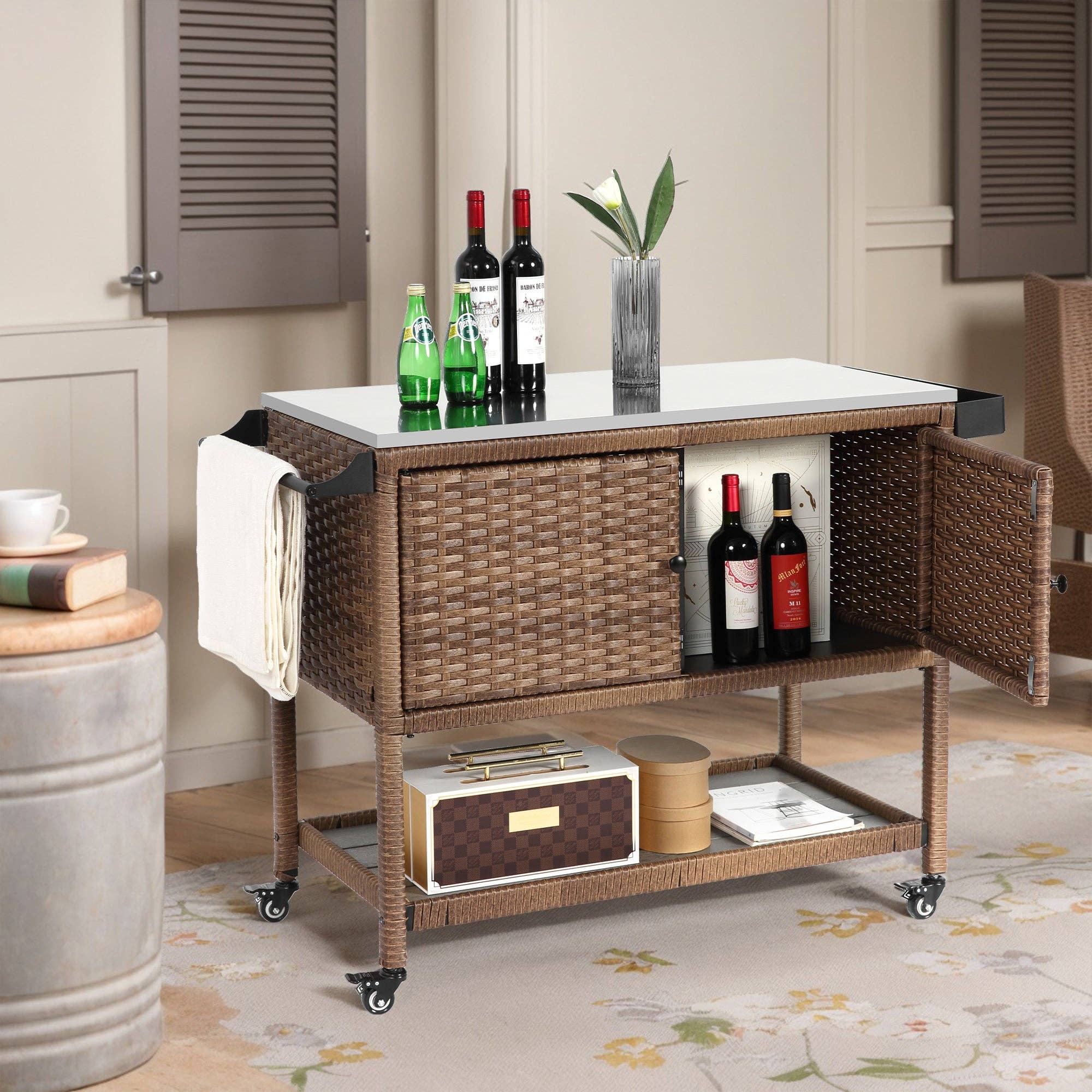 39F Inc. - Wholesale Bar Cart - Brown Outdoor Wicker Bar Cart with Glass Top & Wheels0
