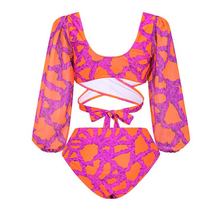 arancia Costumi da bagno bikini a 3 pezzi con stampa floreale con copertura in vendita all'ingrosso su Faire2