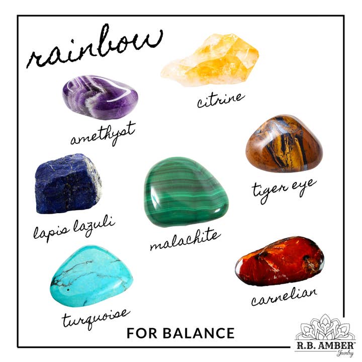 R.B. Amber Jewelry - Wholesale Beaded/Pearl Necklace - Adults | Rainbow Gemstones + Raw Cognac Amber Necklace