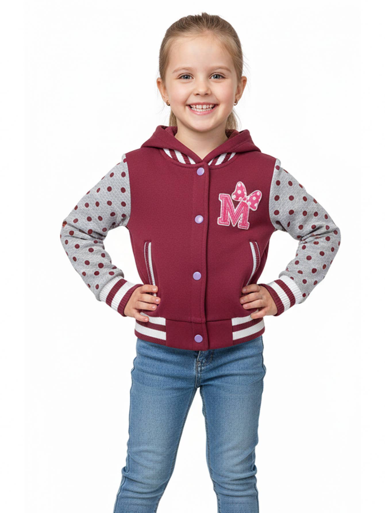 Unik – wholesale Varsity- och baseballjackor – Dam – Flickors Prickiga Varsity Fleece Huvtröja Jacka 2-44