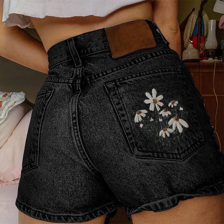 Tourtiwi - Wholesale Shorts - Women's - Women's Flower Print Summer Denim Shorts