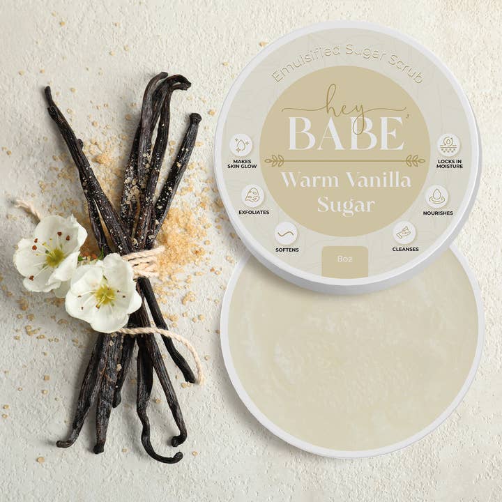 The Midwest Sea Salt Company - Venta al por mayor Exfoliante corporal - Exfoliante de azúcar emulsionado Hey, Babe, azúcar caliente de vainilla, 8 onzas