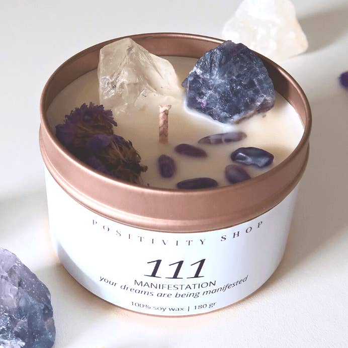 111 - Manifestation | Bougie en pierre précieuse avec chiffre d'ange | Énergie pour la vente par Positivity Shop