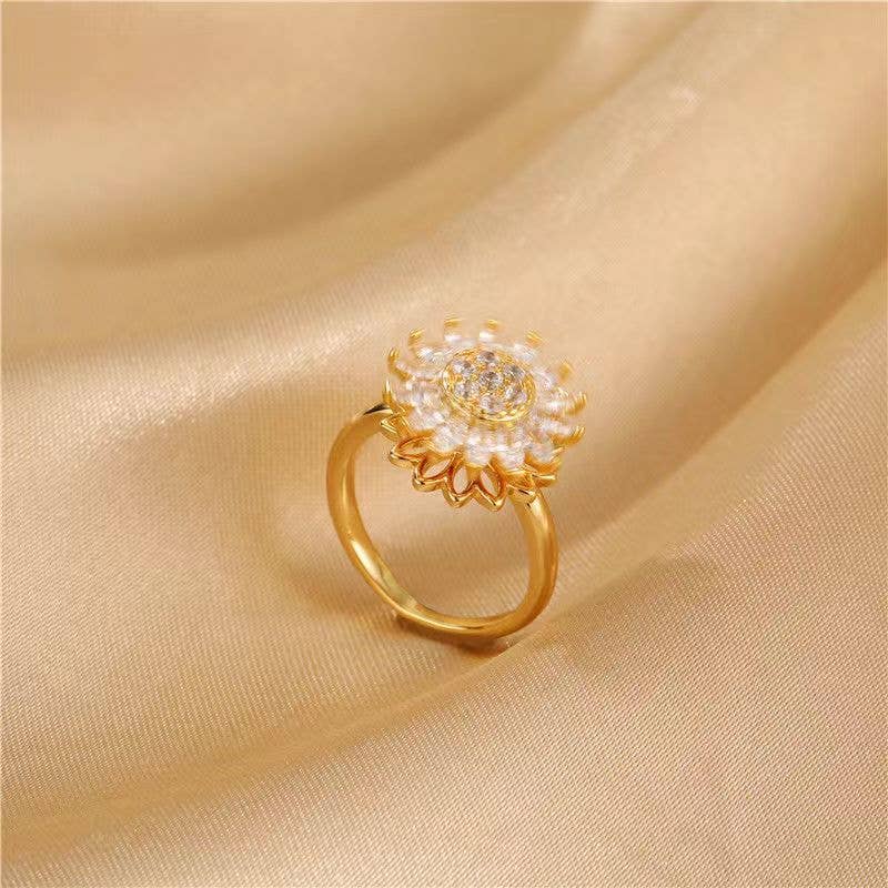 Perimade & Co. LLC – wholesale Band/stacked ring – Sunflower Anxiety Fidget Spinner Ring in Stainless Steel0