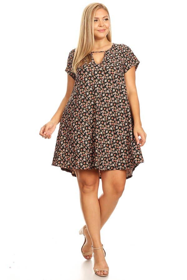 VIBE Apparel Co – wholesale Klänning - Dam – Plus mörk Ditsy blommig nyckelhål sväng klänning3