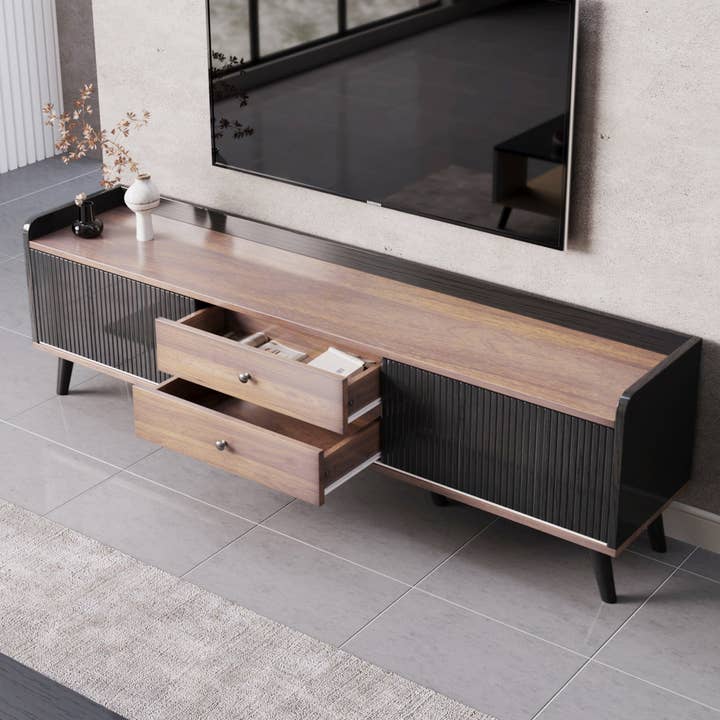 Urban Meuble - Wholesale Console Table - Wood effect and black TV stand with 2 central drawers and 2 sliding doors H58/L160/P40cm UNGRUDS5