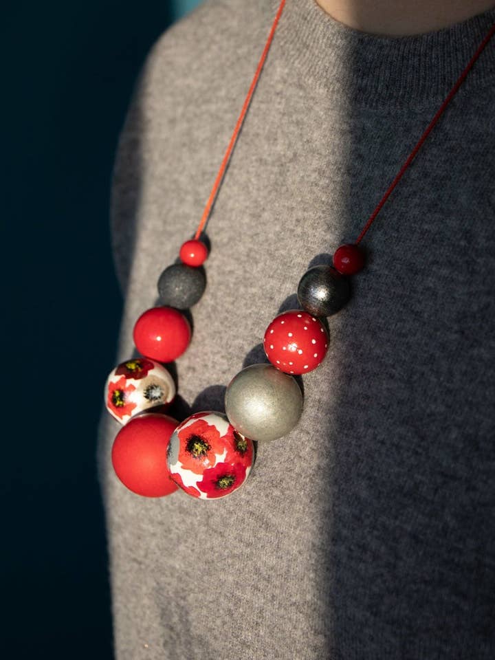 Red Poppyseed Wooden Beads Necklace for wholesale by Gannwood