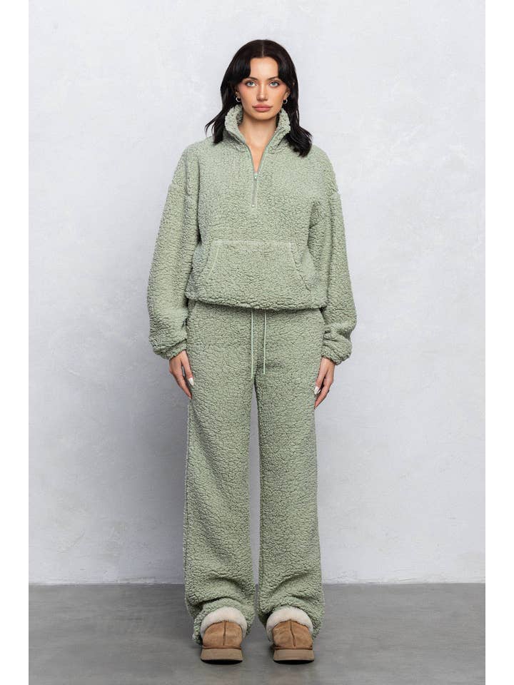 No Vacancy - Wholesale Lounge Set - Women's - Teddy bear cozy half zipup top and straight pants lounge set