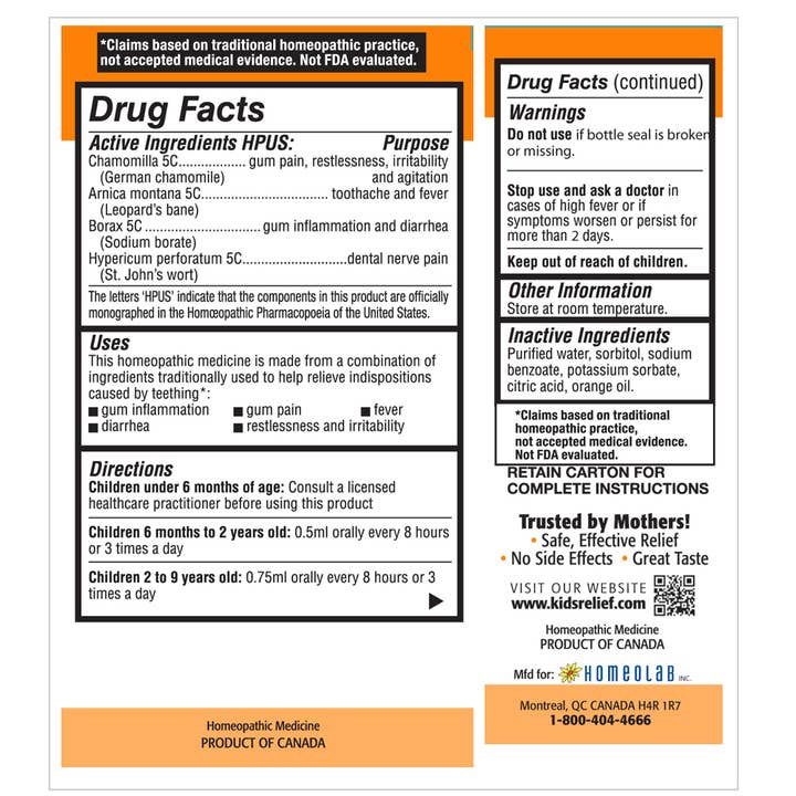 homeolab International Inc - Wholesale Oral Supplement/Vitamin - Kids Relief Teething Oral Liquid for Kids 0-9 Years, 25 mL4