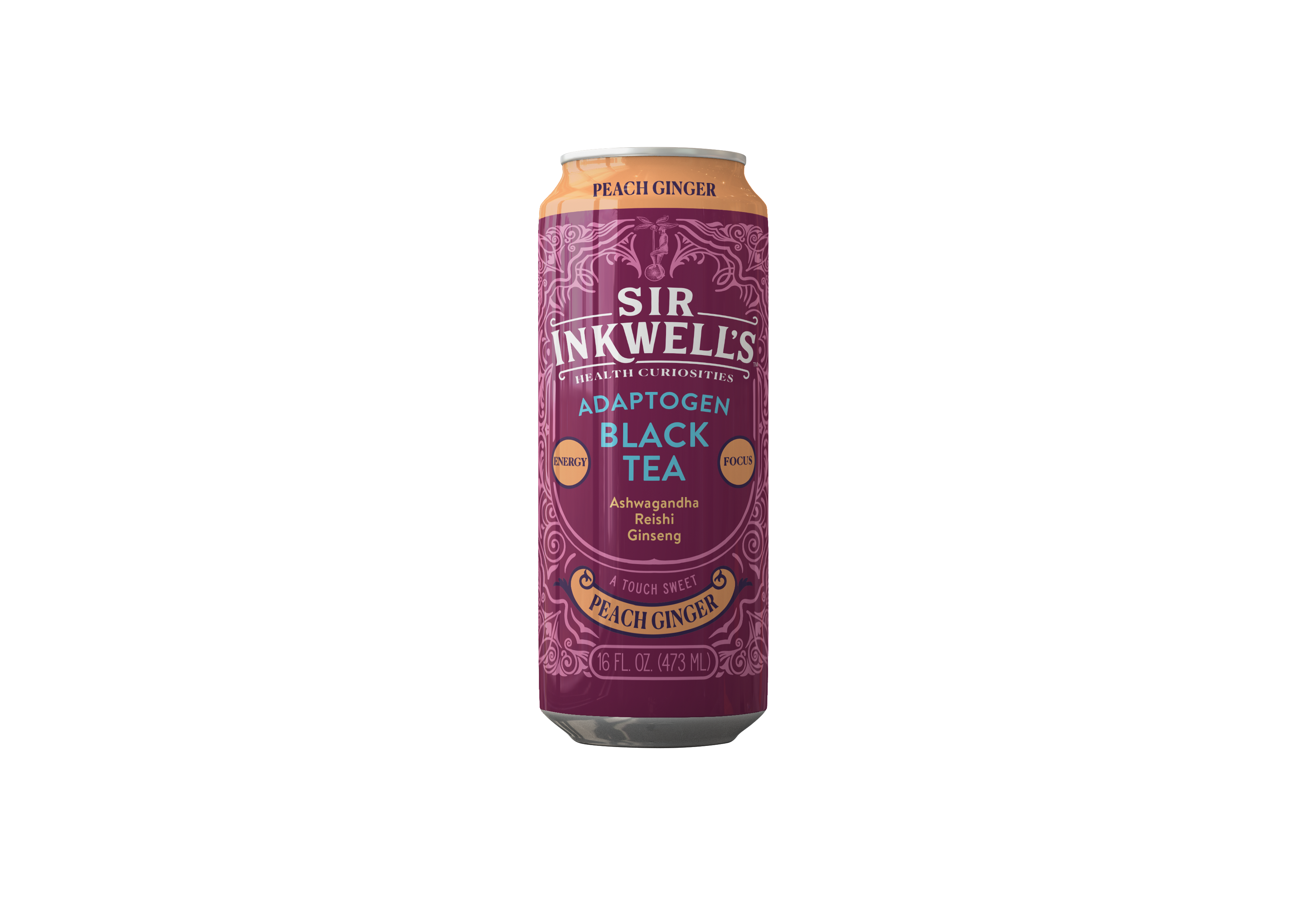 Sir Inkwell's Health Curiosities - Wholesale Health/Detox Tea - Adaptogen Infused Peach Ginger Black Tea (12 Cans)3