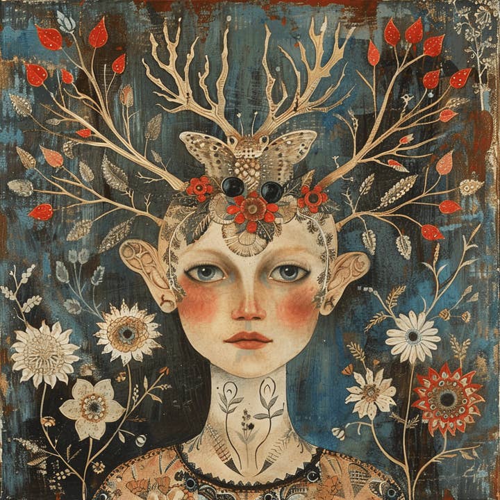 Mowbi - Wholesale Art Print - Vintage Folk Art Freya the Norse Goddess 8"x8" Art Print