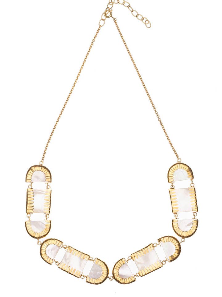 Egyptian Deco Mother Of Pearl Statement Necklace for wholesale by Amanda Coleman Jewelry