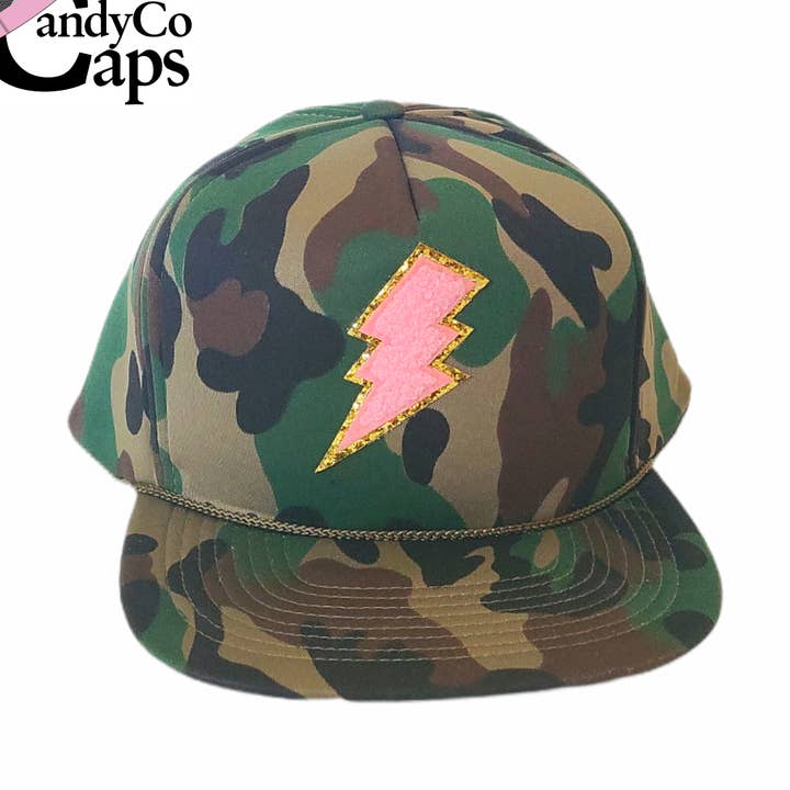Lightning bolt chenille camo patch trucker Hat cap glitter for wholesale by The Candy Collections
