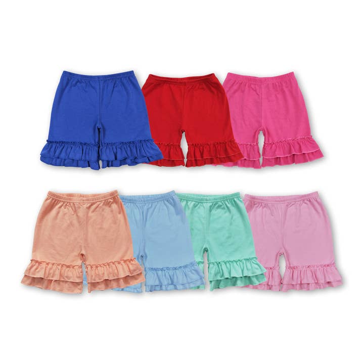 Solid cotton double ruffle girls summer shorts for wholesale by Yawoo Garments