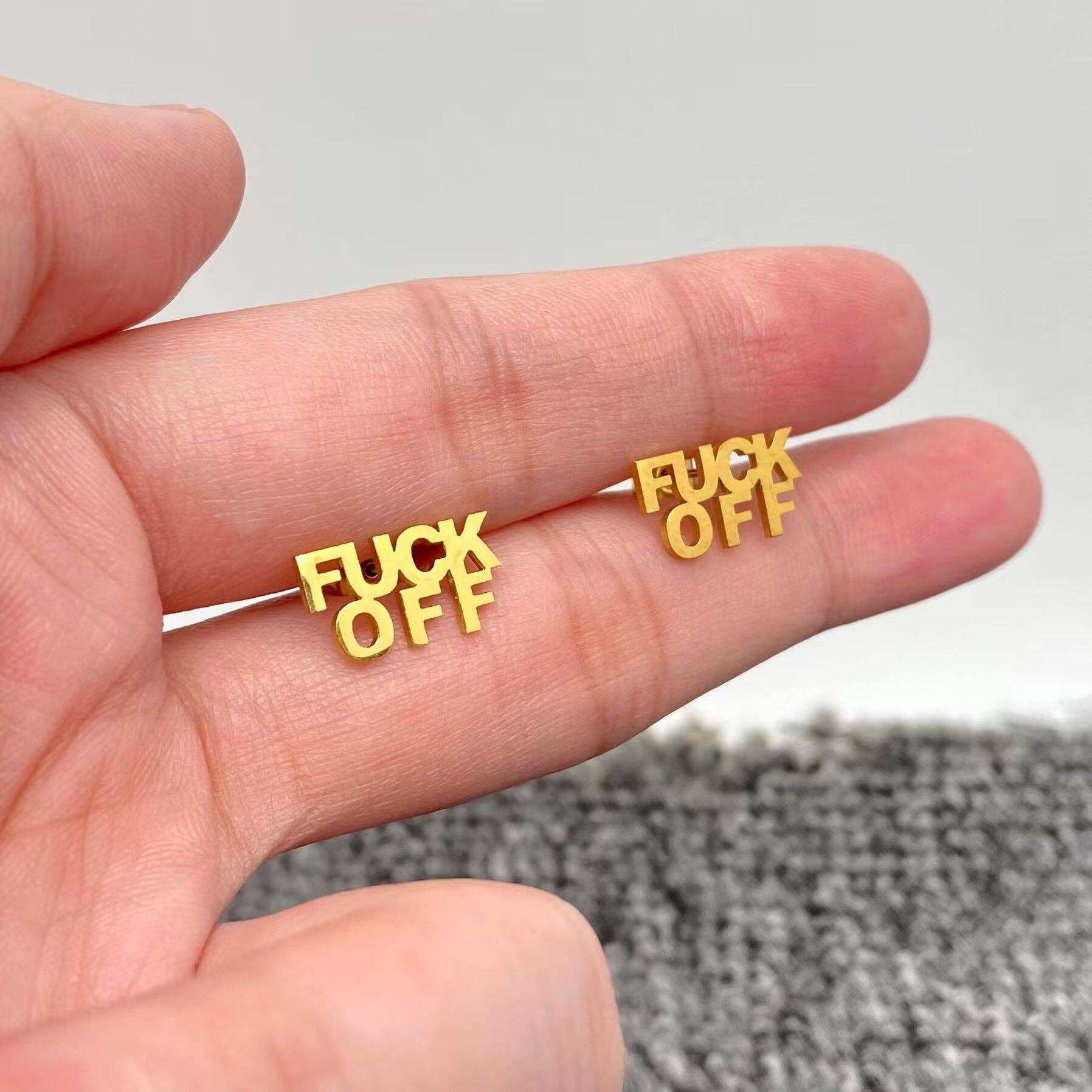 Mio Queena - Wholesale Stud/Post Earrings - 'FUCK OFF' Stainless Steel Ear Studs0