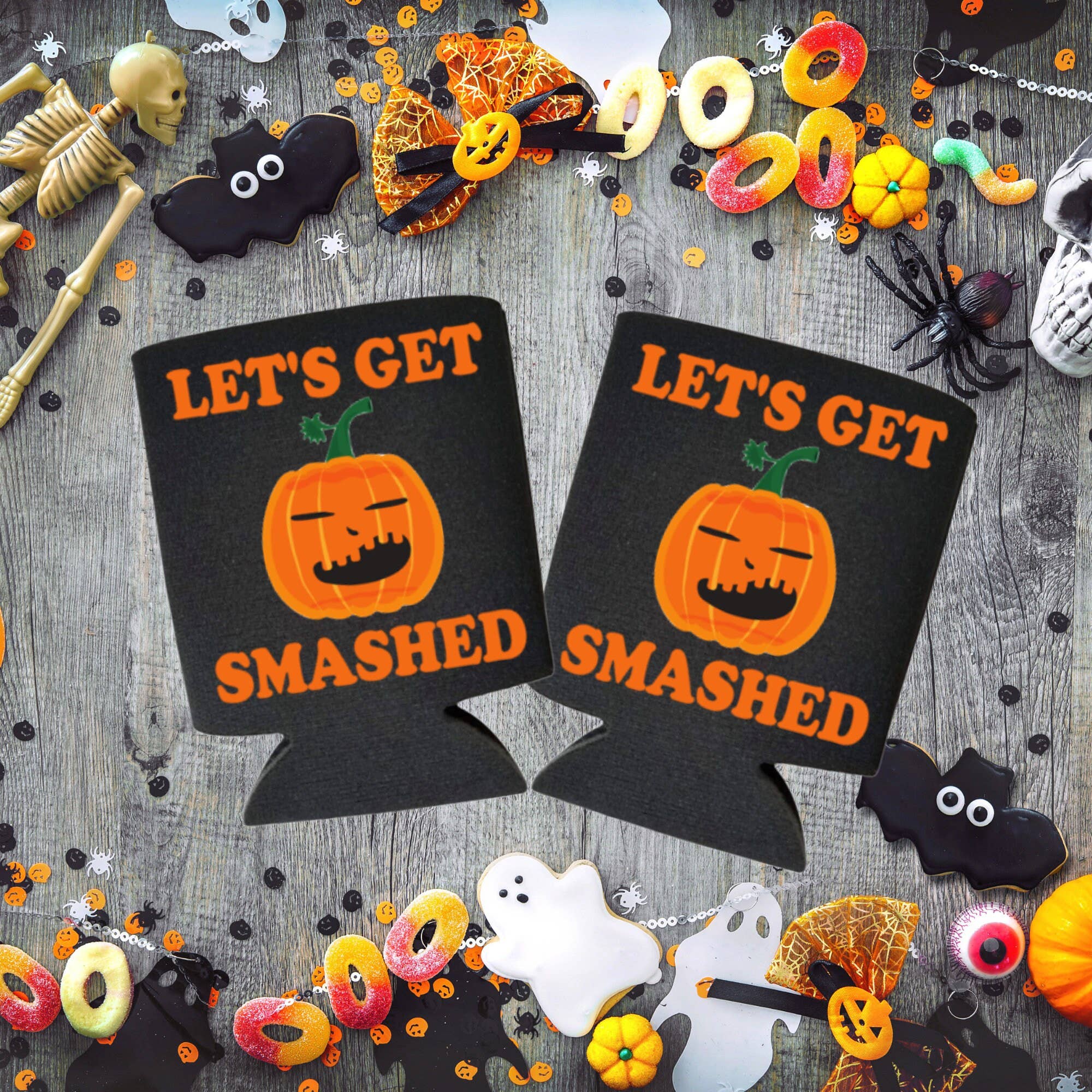 Black Let's Get Smashed Halloween Party Can Cooler Pumpkin Coolies for wholesale on Faire3