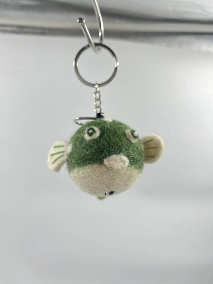 Handmade Cute Felt Green PufferFish Keyring for wholesale by Funky Yak Ltd