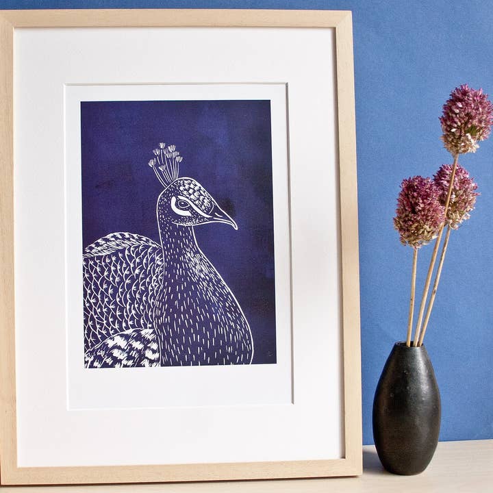 Blue peacock, A4 poster from a linocut print for wholesale by Katja Rub