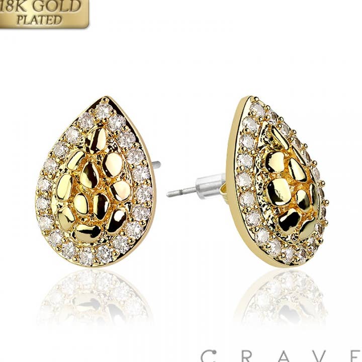 PAIR OF 18K GOLD PLATED MULTI CZ GEMS TEAR DROP INGOT CENTER for wholesale by CRAVE