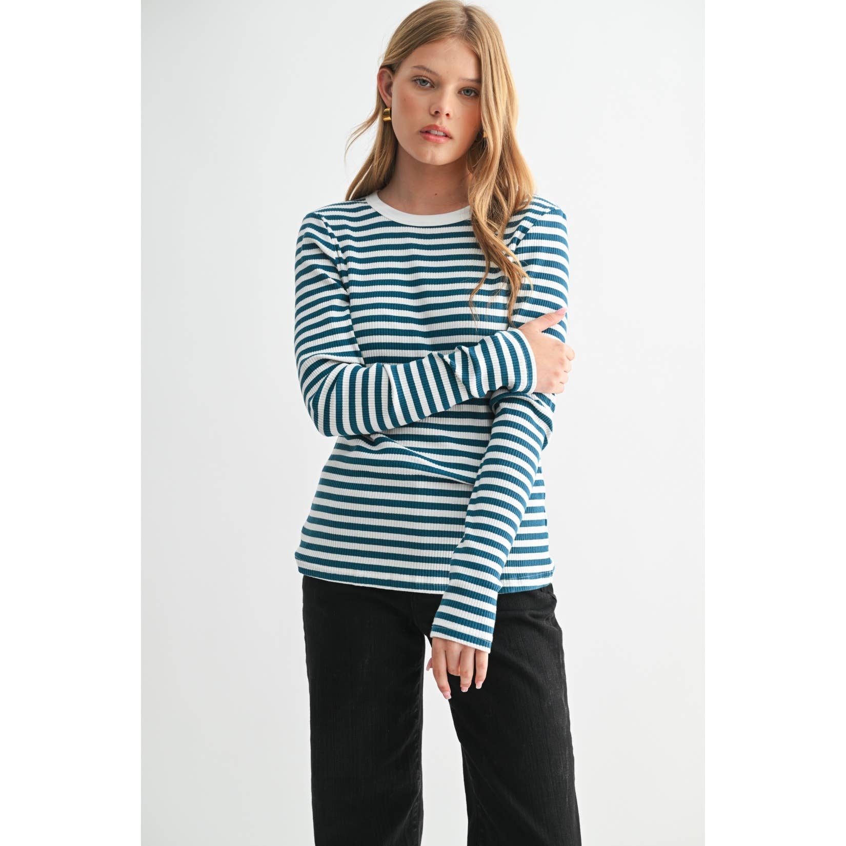 FUN2FUN – Top de malha - Mulher por atacado – TOP DE MALHA DE MANGA COMPRIDA A RISCAS0