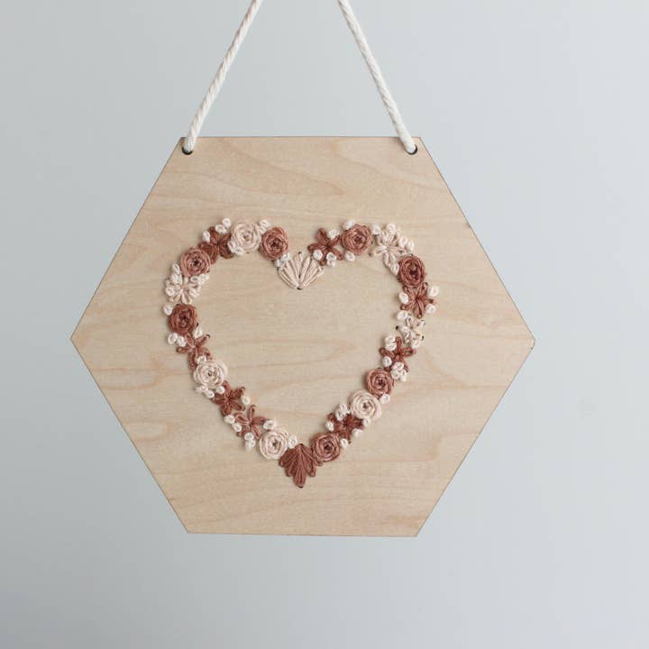 Hexagon Floral Heart Wooden Embroidery Hanging DIY Kit for wholesale by The HNB House
