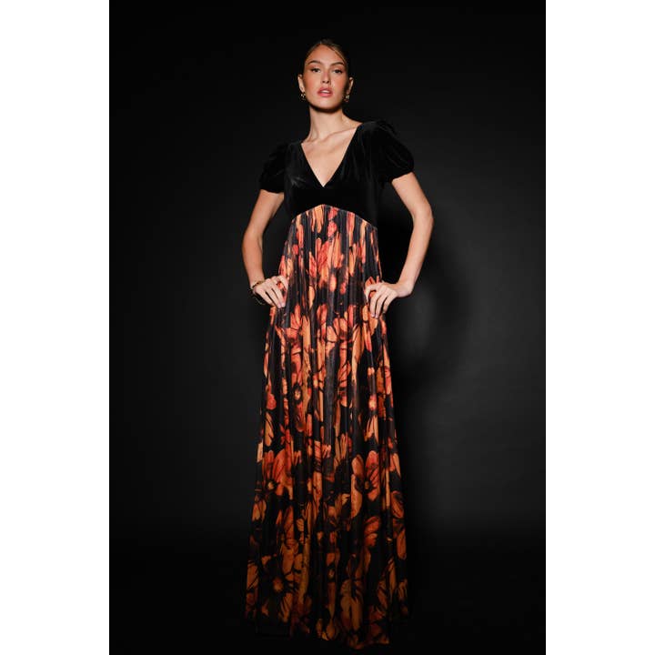 Maxi-jurk met fluwelen pofmouwen, bloemenprint en striksluiting aan de achterkant voor wholesale door INA